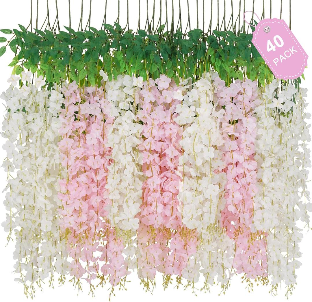 40 Pack White Pink Wisteria Hanging Flowers, Fake Flowers for Decoration, Artificial Hanging Flowers,Vines for Bedroom,Flower Garland for Home,Party,Garden, Wall,Wedding Decoration(3.6 Ft/Pcs)