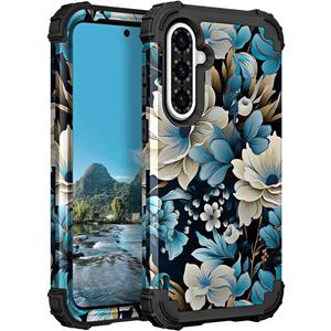 PIXIU Unique Flower Pattern Compatible with Samsung Galaxy A36/A56 case, Heavy Duty Dual Layer Shockproof Full-Body Protective Sturdy Hybrid Cute Rugged Case for Women,Girls,Kids-Blue Floral (A06)
