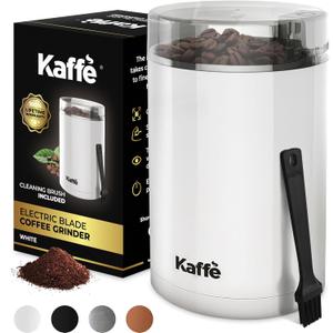 Kaffe One-Touch Coffee Grinder Electric w/Cleaning Brush (3 oz) - Coffee Grinders for Home Use - Up to 12 Cups of Coffee per Grind - Easy On/Off Coffee Bean Grinder - White