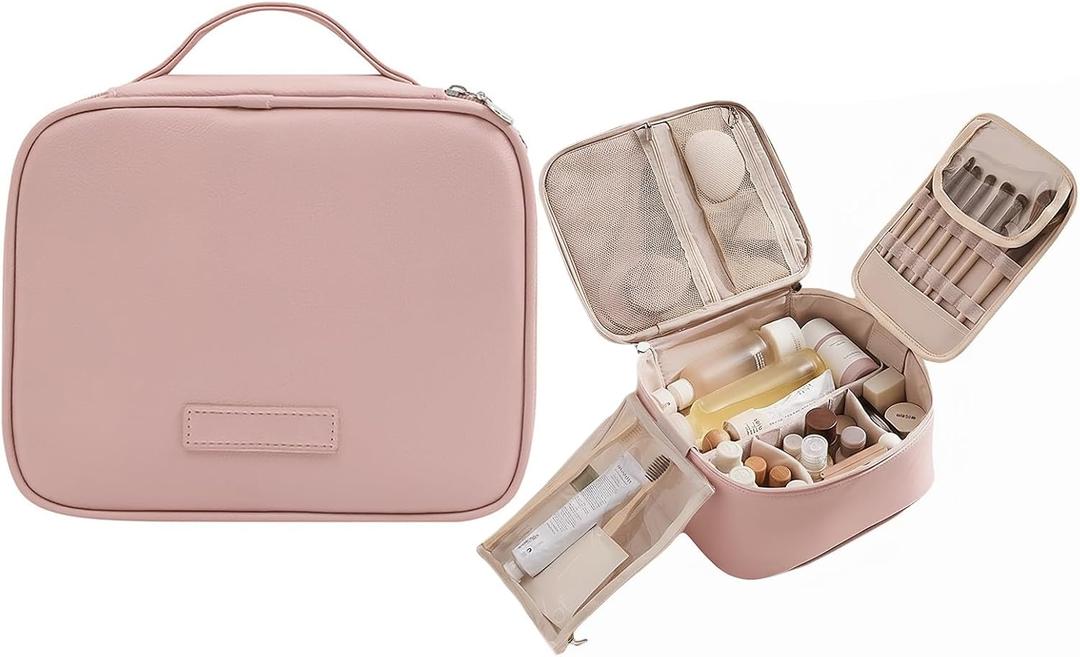 Travel Toiletry Bag & Makeup Bag for Women, PU Leather Cosmetic Case with Compartments, Waterproof Large Organizer for Travel Essentials