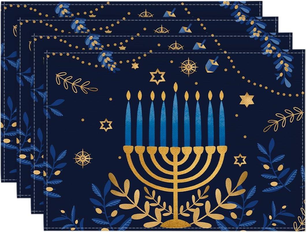 Artoid Mode Menorah Star Olives Hanukkah Placemats Set of 4, 12x18 Inch Chanukah Holiday Table Mats for Party Kitchen Dining Decoration (Blue)