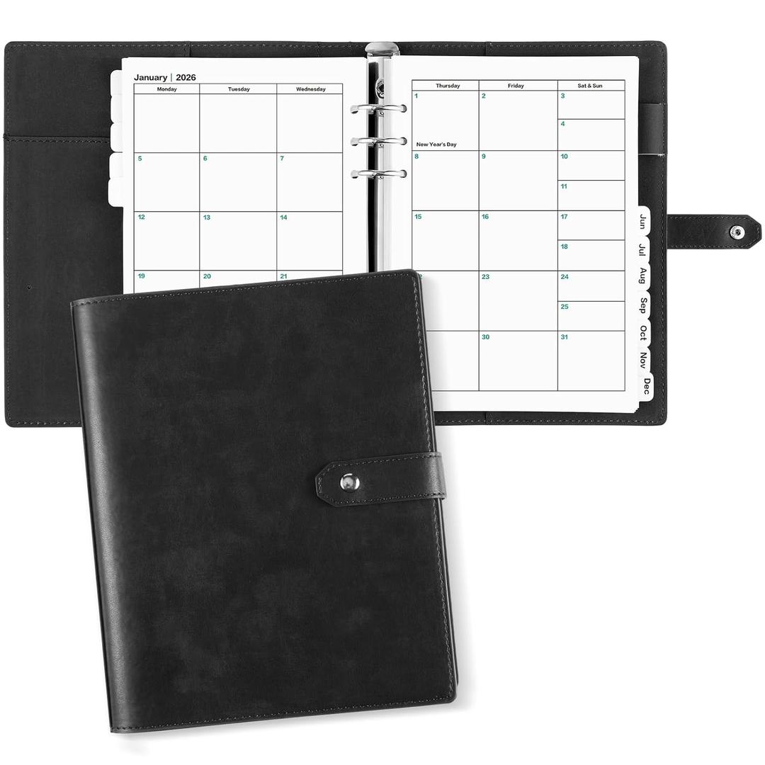 Weekgrat 2026 Leather Planner A5 Leather 6 Ring Binder Planner Binder Journal with Pockets for Men and Women (Black)