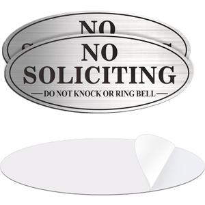 No Soliciting Sign, 2 Pack Self-Adhesive Aluminum Metal No Solitation Do Not Knock or Ring Bell Sign, 7.0 x 3.0 inches Fade Resistang Signs for Office and Home (Brushed Nickel/Black)