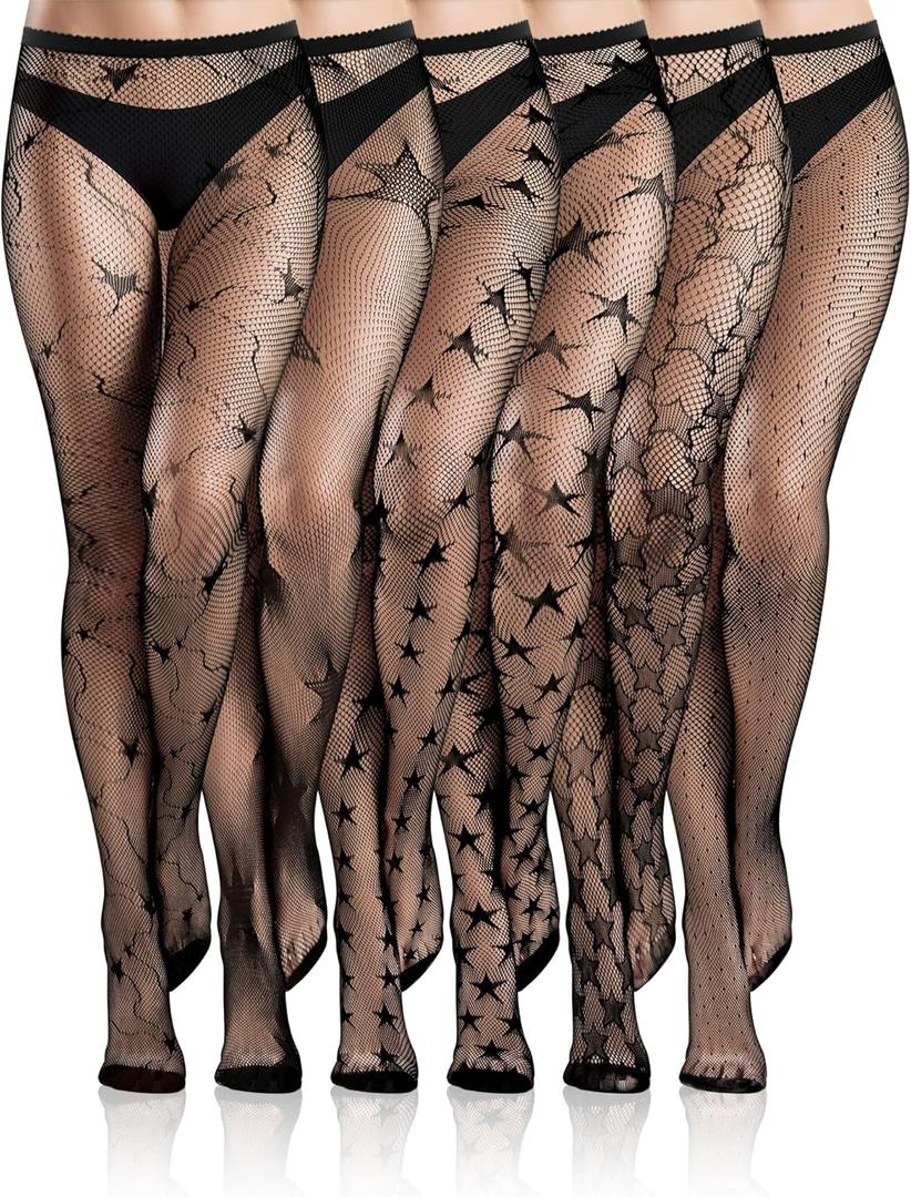 Ramede 6 Pairs Halloween Fishnet Stockings for Women Black Lace Patterned Tights Star Thigh High Waist Leggings Tights (X-Large)