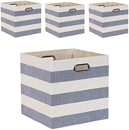 Fboxac Cube Storage Bins 13×13 Fabric Foldable Box with Handles, Collapsible Organization Basket Set of 4 Large Capacity Drawer for Closet Shelf Cabinet Bookcase Bedroom, Grey-white Stripes