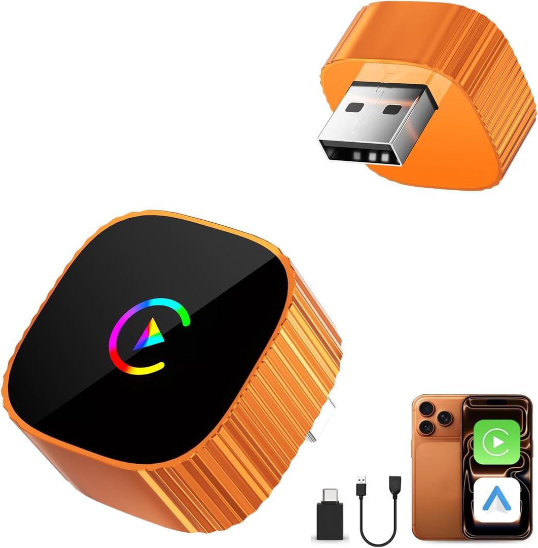 2-in-1 Wireless CarPlay for iPhone & Android Auto, Converts Wired to Wireless CarPlay, 2026 Upgrade, Faster & Stable Connection, Plug & Play, 1080P HD Display,Mini Size, OrangeUSB-A & Type-C Port