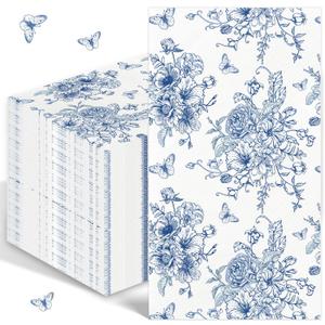 100PCS Blue Floral Napkins Disposable Hand Towels for Bathroom 3 Ply Blue and White Paper Napkins Decorative Flower Guest Napkins Chinoiserie Napkins for Wedding Bridal Shower Birthday Cocktail Party