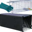 Live Animal Trap Cage with Cover & Gloves, Cat Trap for Stray Cats 32 Inch Heavy Duty Folding Skunk Traps with Real Door for Raccoons, Opossums, Skunks, Feral Cats, Squirrels-(32 x 10 x 12 inches)