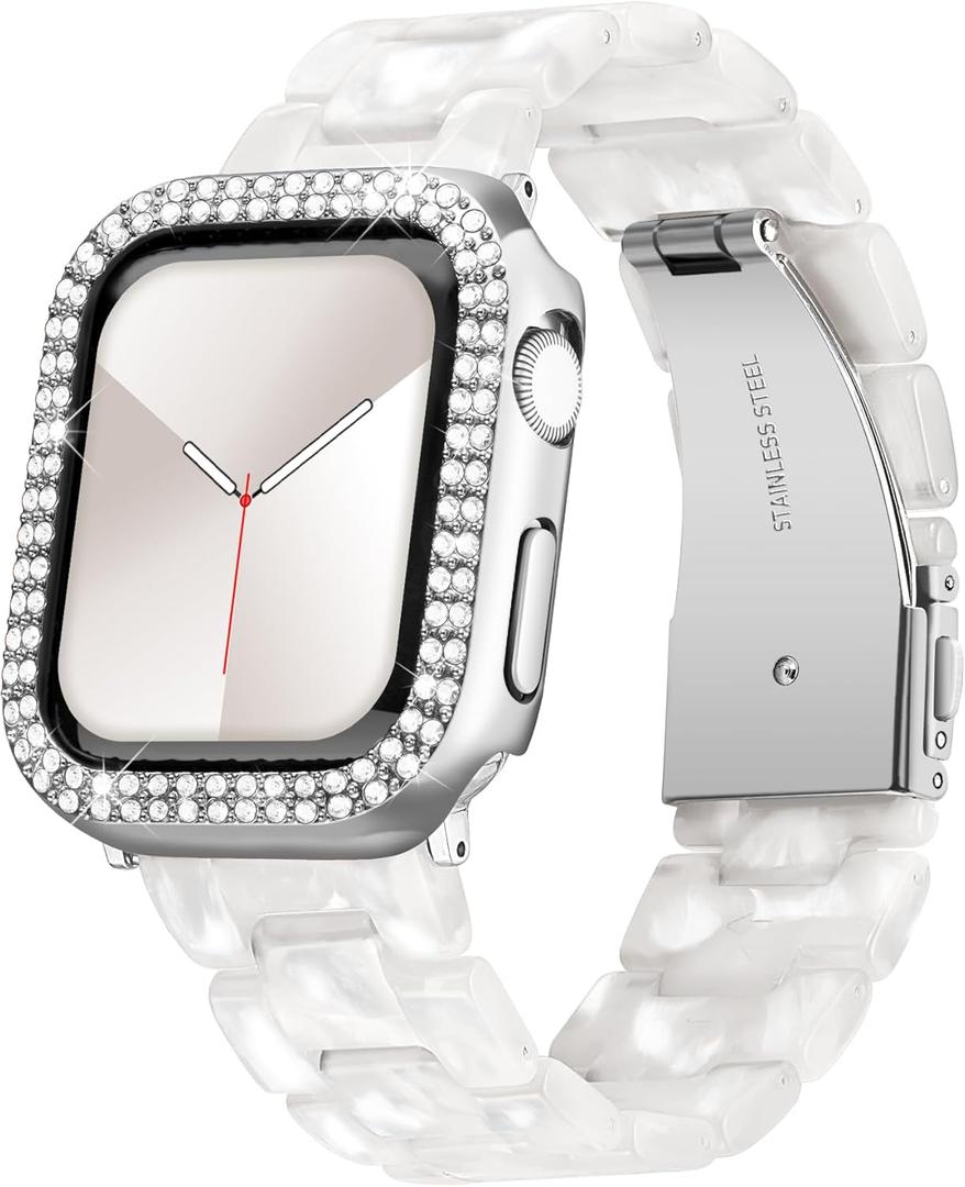 Resin Watch Bands with Case Compatible with Apple Watch 40/41/44/45mm Women Men Watch Strap with Glitter Bling Protective Cover Wristband Fit for iWatch Series9 8 7 SE SE2 6 5 4, Pearl White 40mm