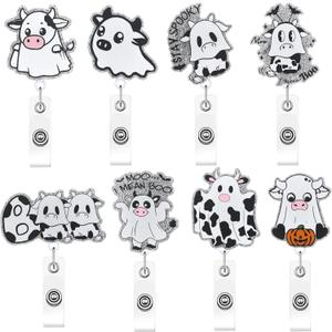 Zeyune 8 Pieces Halloween Ghost Badge Reel Halloween Retractable Badge Holders Cow Ghost Tag Clip Gift for Nurse Doctor Teachers Students
