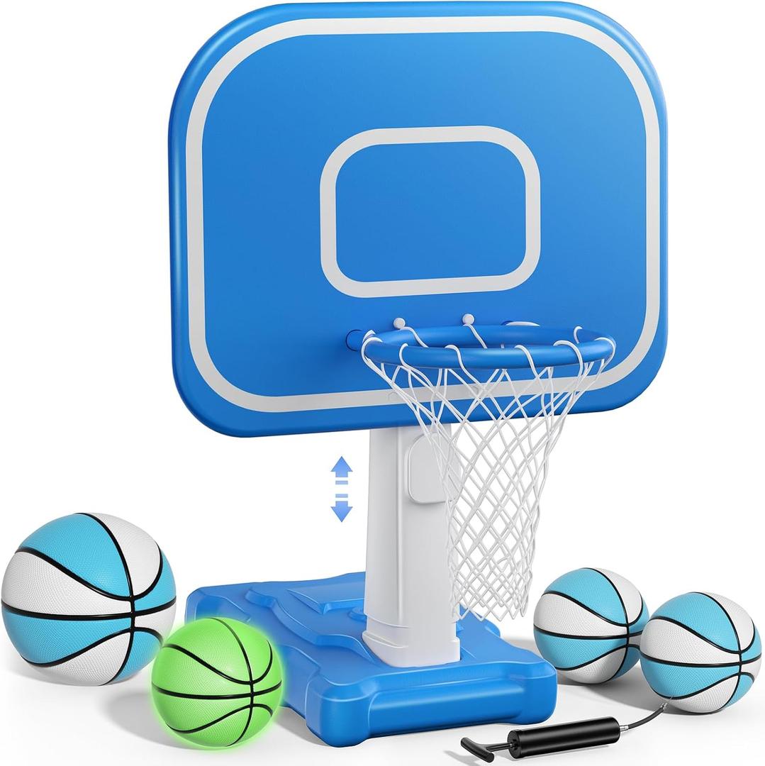 Pool Basketball Hoop, 33"x26"x50" Oversized Pool Toys with Adjustable Height Includes 4 Balls(Size 6, 2Size 3, Glow)/ Nets/Pump for Poolside Water Basketball Game, Swimming Pool Games for Kids Adults
