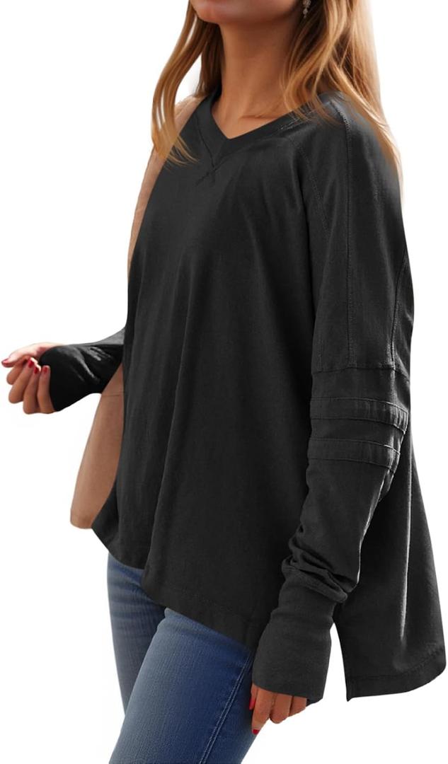 Tankaneo Womens Oversized Long Sleeve Shirts V Neck Tshirts Casual Loose Fit Tunic Tops for Leggings with Thumb Holes (X-Large, Black)