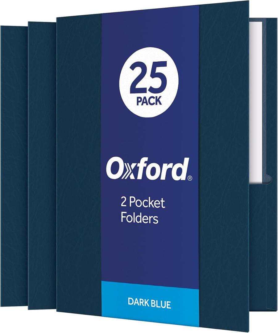 Oxford Twin-Pocket Folders, Textured Paper, Letter Size, Dark Blue, Holds 100 Sheets, Box of 25 (57538EE)