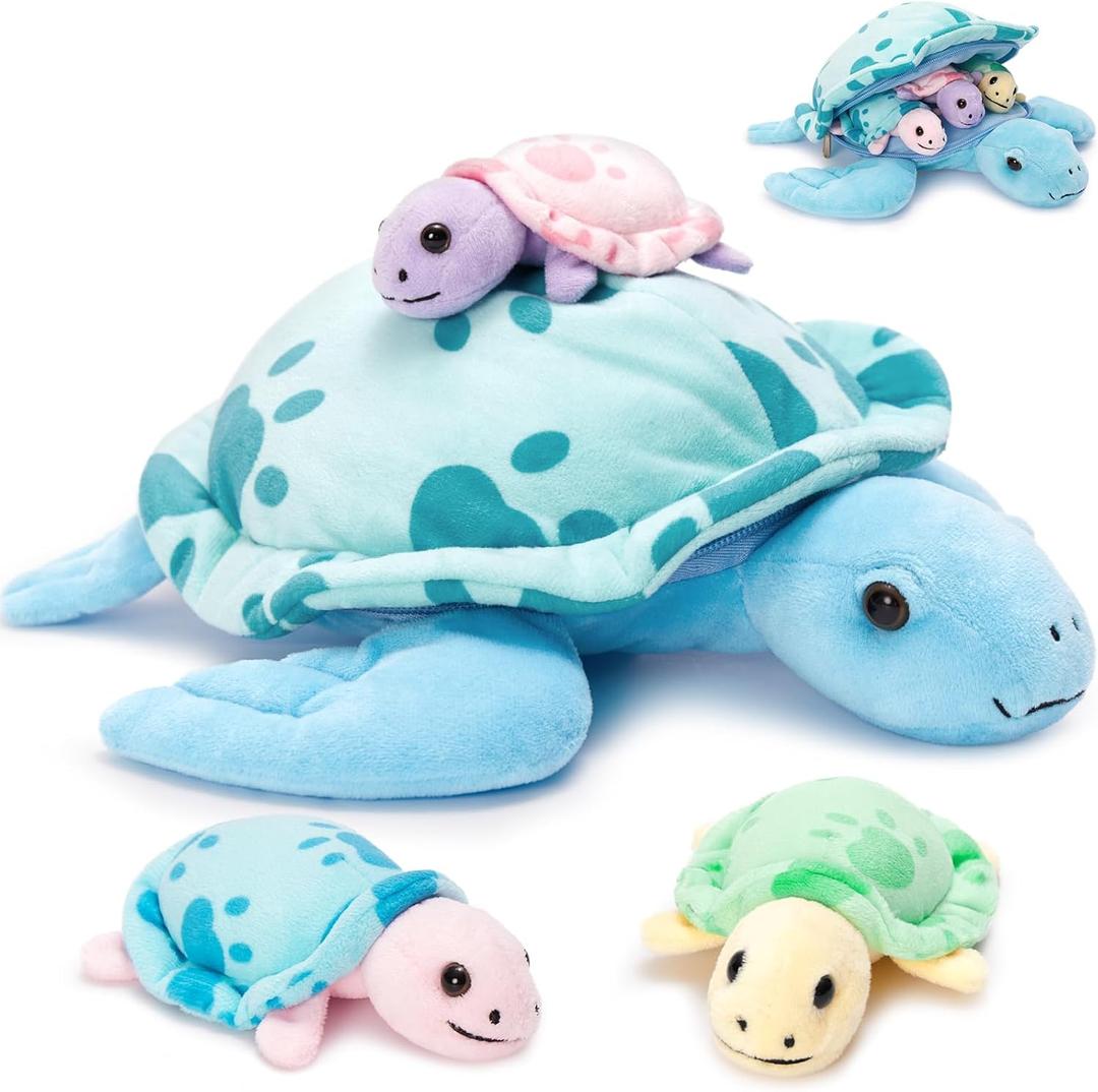 Muiteiur Sea Turtle Stuffed Animal, Soft Mommy Turtle Plush Toy with 3 Babies, Blue Stuffed Marine Life for Kids Girl Boy(Blue)