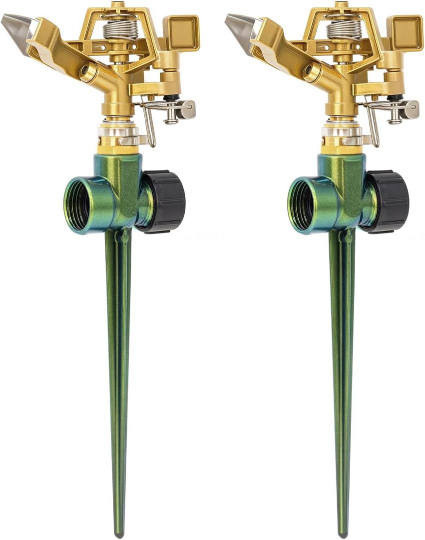 RESTMO 2 Pack Heavy Duty All-Metal Impact Sprinkler, Zinc Alloy Lawn Sprinkler Head on Sturdy Spike Base, 360 Adjustable Coverage Nozzle for Large Area Irrigation