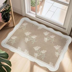 Scalloped Floral Entryway Rug, 2x3 Soft Non-Slip Indoor Door Mat Ultra Thin Washable Kitchen Rug, Vintage Farmhouse Small Low-Pile Throw Rug for Entrance Bathroom Bedroom