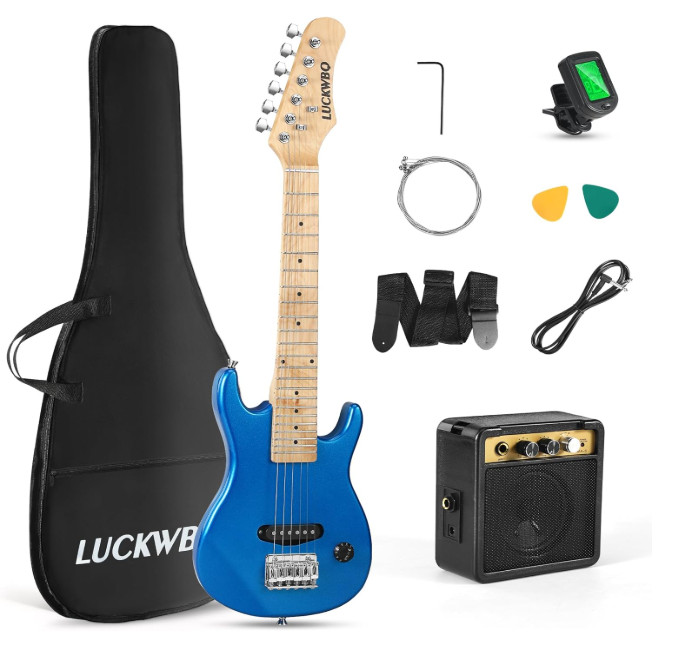 LUCKWBQ 30 Inch Kids Electric Guitar Beginner Kits ST Style Mini Electric Guitar for Boys Girls，Electric guitar Starter Kit w/ 5W Amplifier, Strap, Gig Bag, Strings, tuner，strings，Picks (Black)