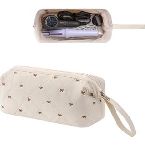 RSRSLEII Large Quilted Hair Tools Travel Bag with Bow Pattern,Waterproof Hair Styling Accessories Storage Case for Shark FlexStyle, Dyson Airwrap Hair Dryer, Curling Iron, Revlon Hair Tools(Beige)