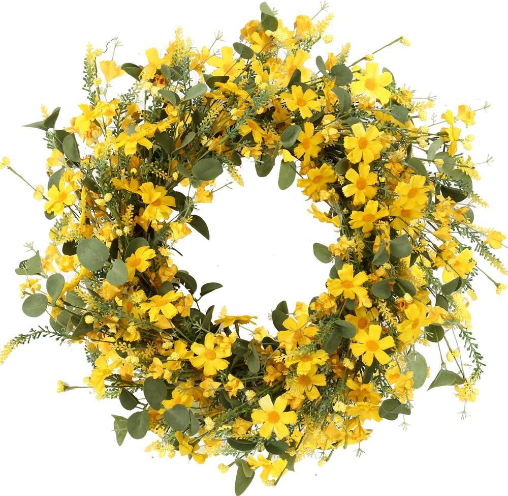 J'FLORU Artificial Spring Wreath 22 Inch Summer Wreaths for Front Door Yellow Daisy Wreath for Indoor Outdoor Home Decor and Easter Celebration