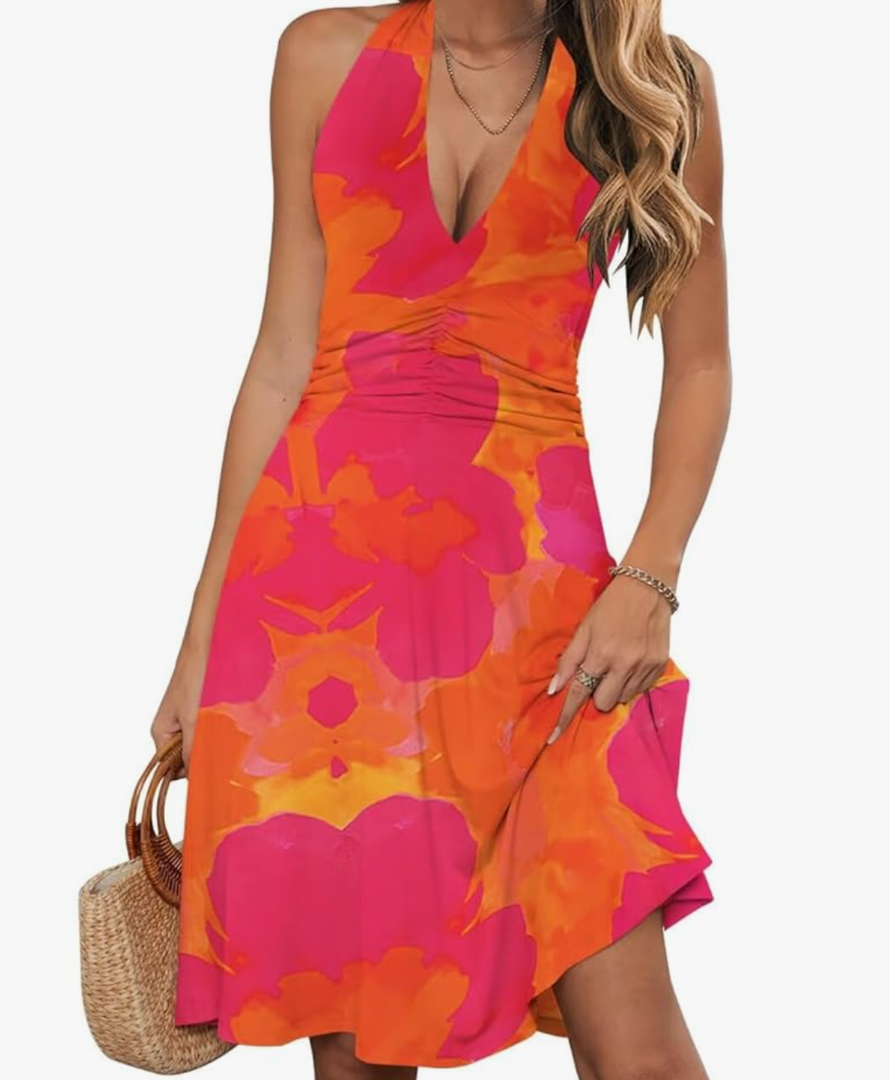 Wkior Women's Sundress Summer Beach Vacation Sleeveless Halter Neck A-Line 2025 Boho Floral Midi Dress with Pockets Size S