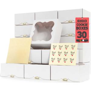 30 Pack 6x6x3 Bakery Boxes with Window  Small Cookie Boxes for Gift Giving  Treat Boxes for Small Cake, Pastry, Strawberries, Dessert, Candy, Charcuterie, Baked Goods and Food (White)