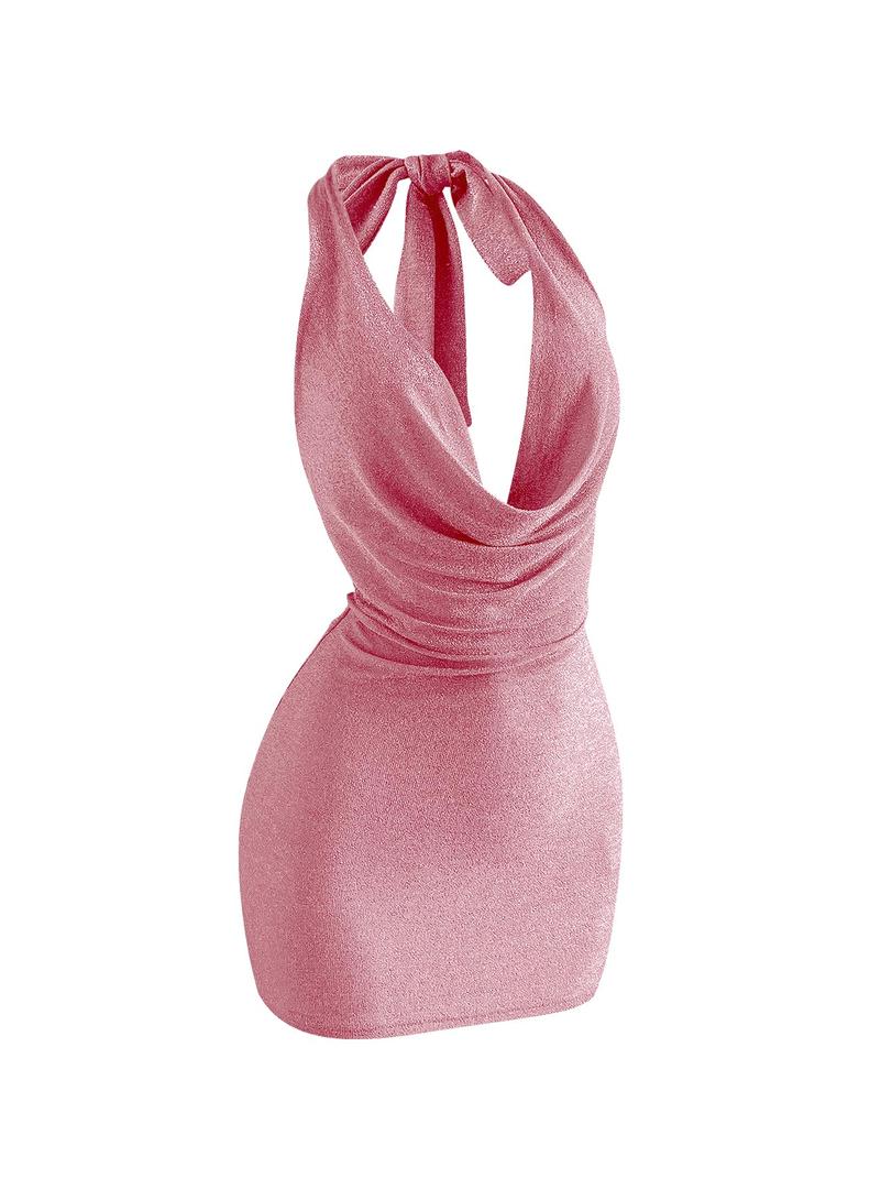 SOLY HUX Women's Shiny Deep V Neck Halter Bodycon Mini Dress Sleeveless Cocktail Prom Pencil Dresses Pure Pink, Small