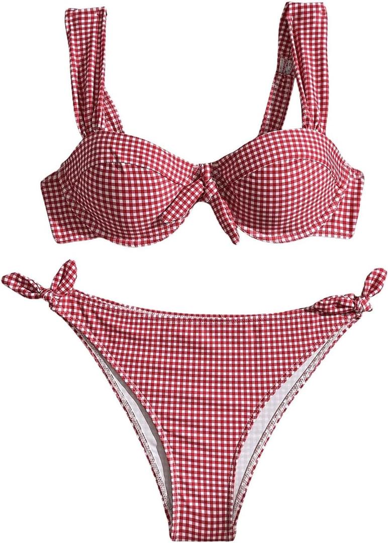 MakeMeChic Women's 2 Piece Plaid Bikini Sets Gingham Print Bow Knot Backless Swimsuits High Waist Bathing Suit (Medium, Red)