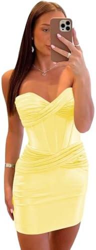 deamify Teen's Satin Strapless Corset Pleated Homecoming Dresses Tight Sexy 2026 Short Prom Dress DIN019 Size 2, Yellow