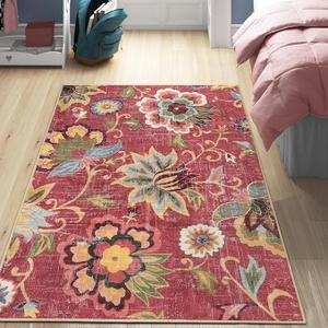 Beeiva Floral 4x6 Rug for Bedroom, Vintage Machine Washable Area Rugs, Ultra Thin Living Room Carpet Lightweight Red Paisley Print Carpet for Bedroom Entryway Bathroom Office Christmas