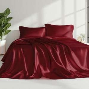 Love's cabin Satin King Sheet Sets - 4 Piece Burgundy Silky Sheets King Size Bed with Deep Pocket, Luxury Silk Feel King Size Satin Sheet Set (1 Flat Sheet,1 Fitted Sheet,2 Pillow Cases)