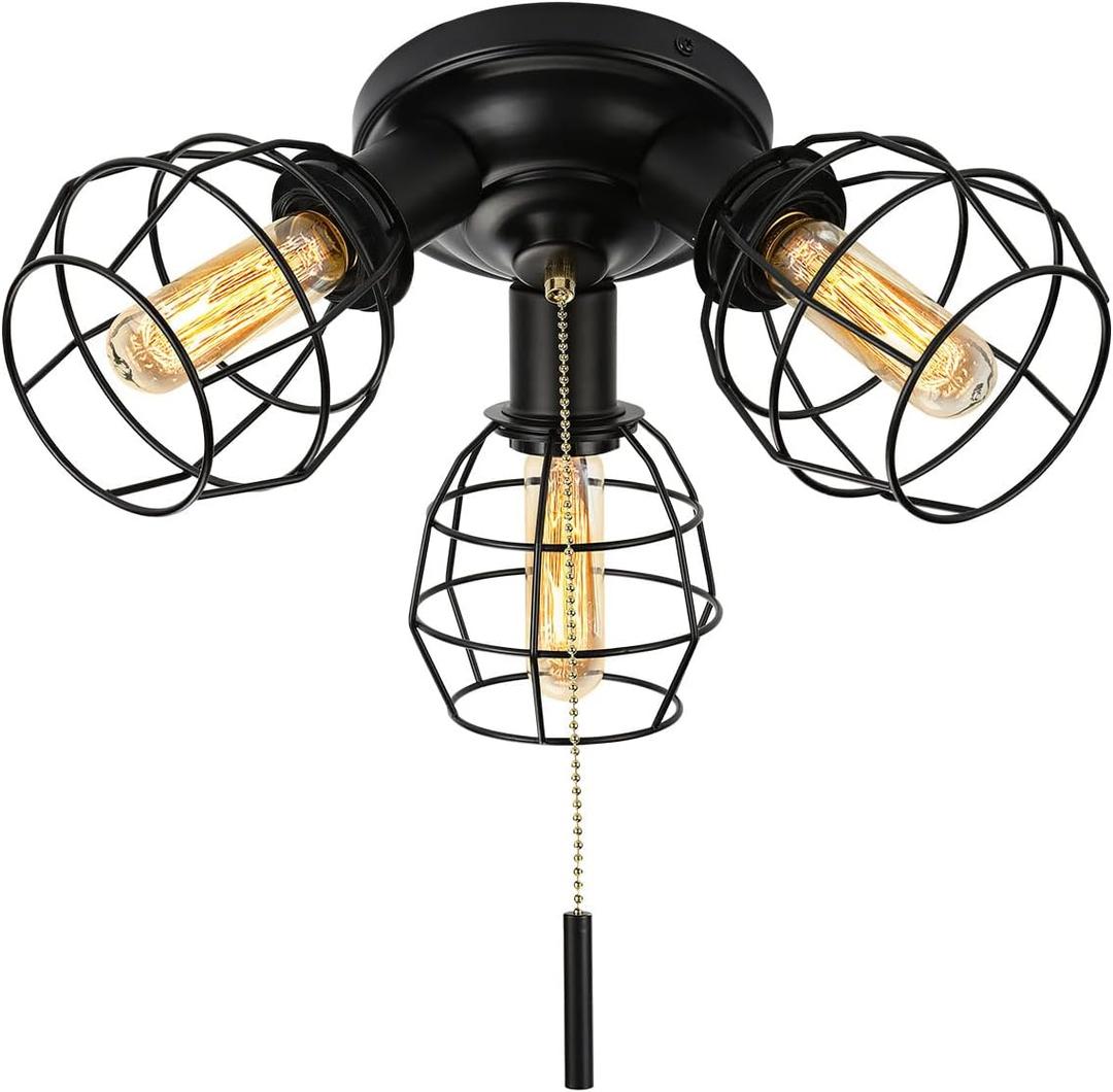 Pull Chain Light Fixture, 3 Light Semi Flush Mount Ceiling Fixture, Vintage Pendant Light Fixture for Porch/Hallway/Kitchen/Bedroom, Bulb Not Included, Black