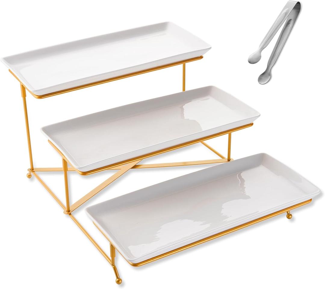 YOLIFE 3 Tier Serving Tray for Party, Display Fruit Dessert Tiered Tray Stand, 14 x 6.1" White Porcelain Platters with Collapsible Sturdier Gold Iron Rack