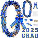 Yinkin Graduation Ribbon Leis Set Class of 2025 Handmade Double Braided Necklace Adjustable Silk Leis Grad Cutouts 2025 Pendant for Graduation Party (Blue and Gold)