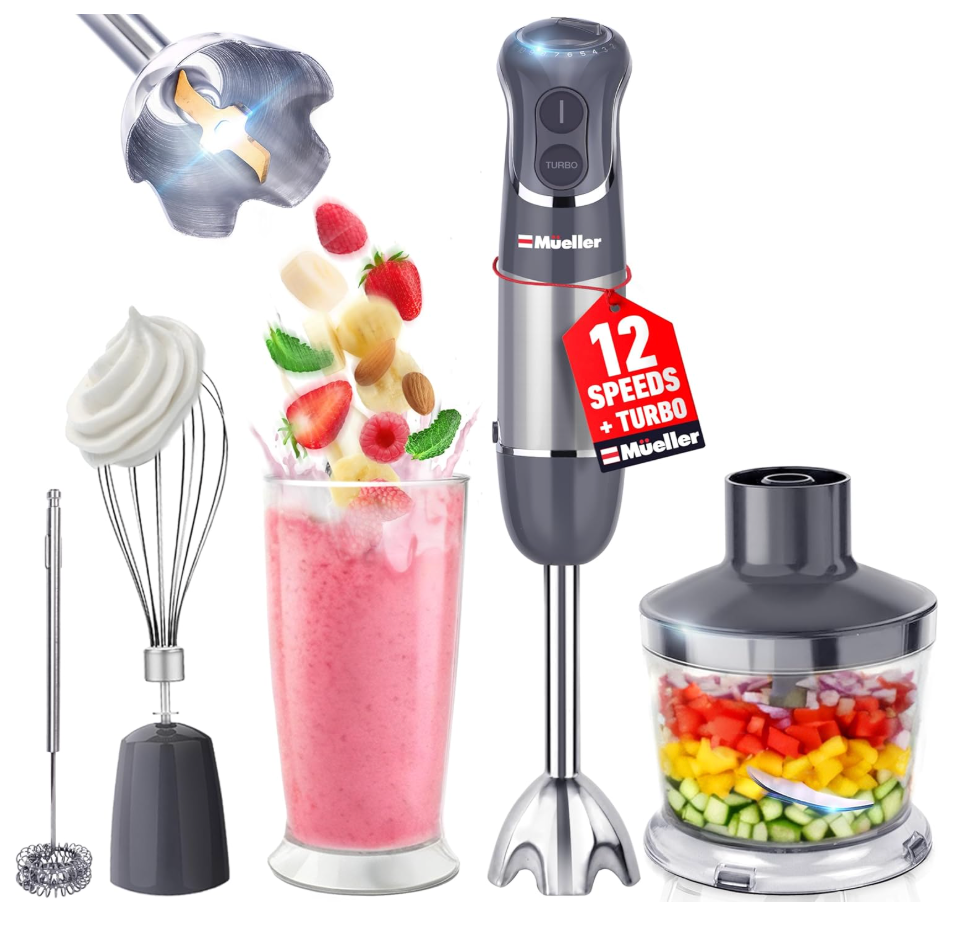 Mueller Multistick 5-in-1 Immersion Blender Handheld,12 Speed Hand Mixer-Turbo Boost,Heaviest Duty Copper Motor,Titanium reinforced Blades Hand Blender,Milk Frother Wand,Whisk,Beaker,Chopper,Grey