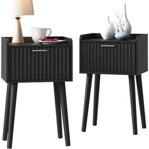 LAATOOREE Nightstand Set of 2, Small Bed Side Table with Fluted Door, End Table with Solid Wood Legs, Mid-Century Bedside Table for Bedroom Small Space (Black)
