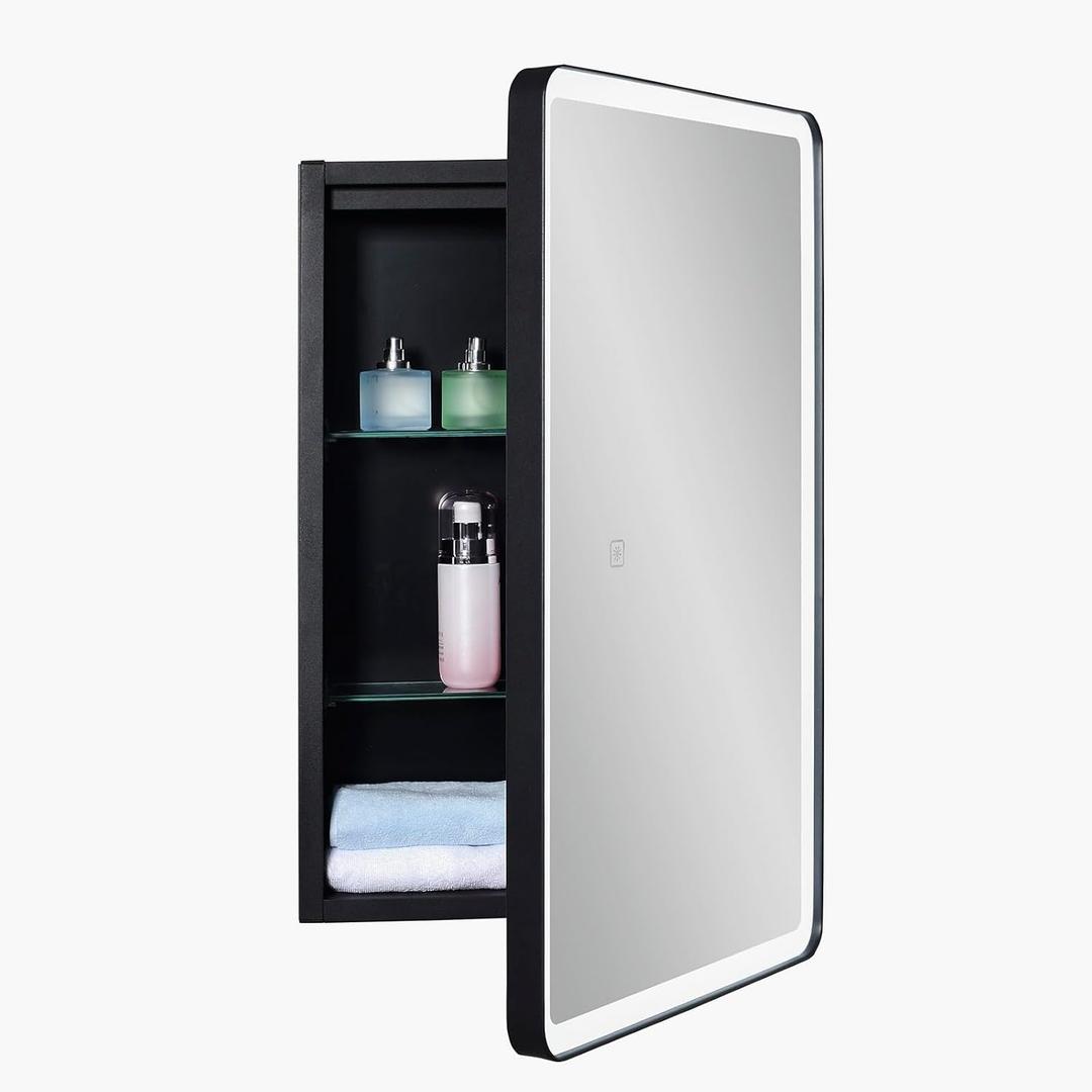 Lighted Bathroom Medicine Cabinet with Round Corner Framed Mirror Door 15 x 25 inch, Right Hand Opening, Recessed or Surface Mount, with Adjustable Glass Shelves Shelves