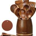 Spardar Wooden Spoons for Cooking, 12 Pcs Teak Wooden Utensil Set with 9 Pcs Spoons, Spoon Rest, 4.2" Utensil Holder, and Potholder for Kitchen Decor & Housewarming Gift