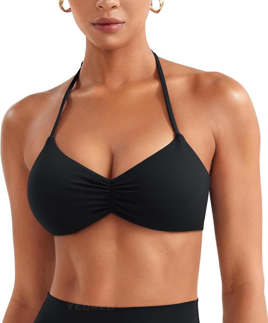 YEOREO Halter Sports Bras for Women Adjustable Strappy Open Back Impact Removable Pads Deep V Bra Workout Gym Yoga Crop Top (Medium, Black)