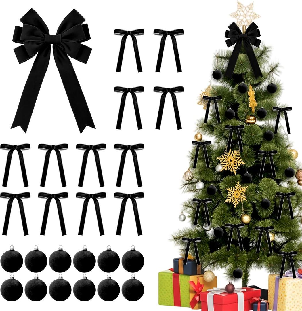 25 Pcs Black Velvet Tree Topper Christmas Ornaments Include Large Christmas Bows Tree Topper 12 Xmas Velvet Balls 12 Black Bows for Xmas Holiday Door Fireplace Wall Party Decor