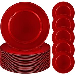 REWOMC 50 Pcs Red Charger Plates Bulk, 13" Round Beaded Plate Chargers, Decorative Plastic Table Chargers for Wedding Holiday Party Baby Shower Event Decoration (Red)