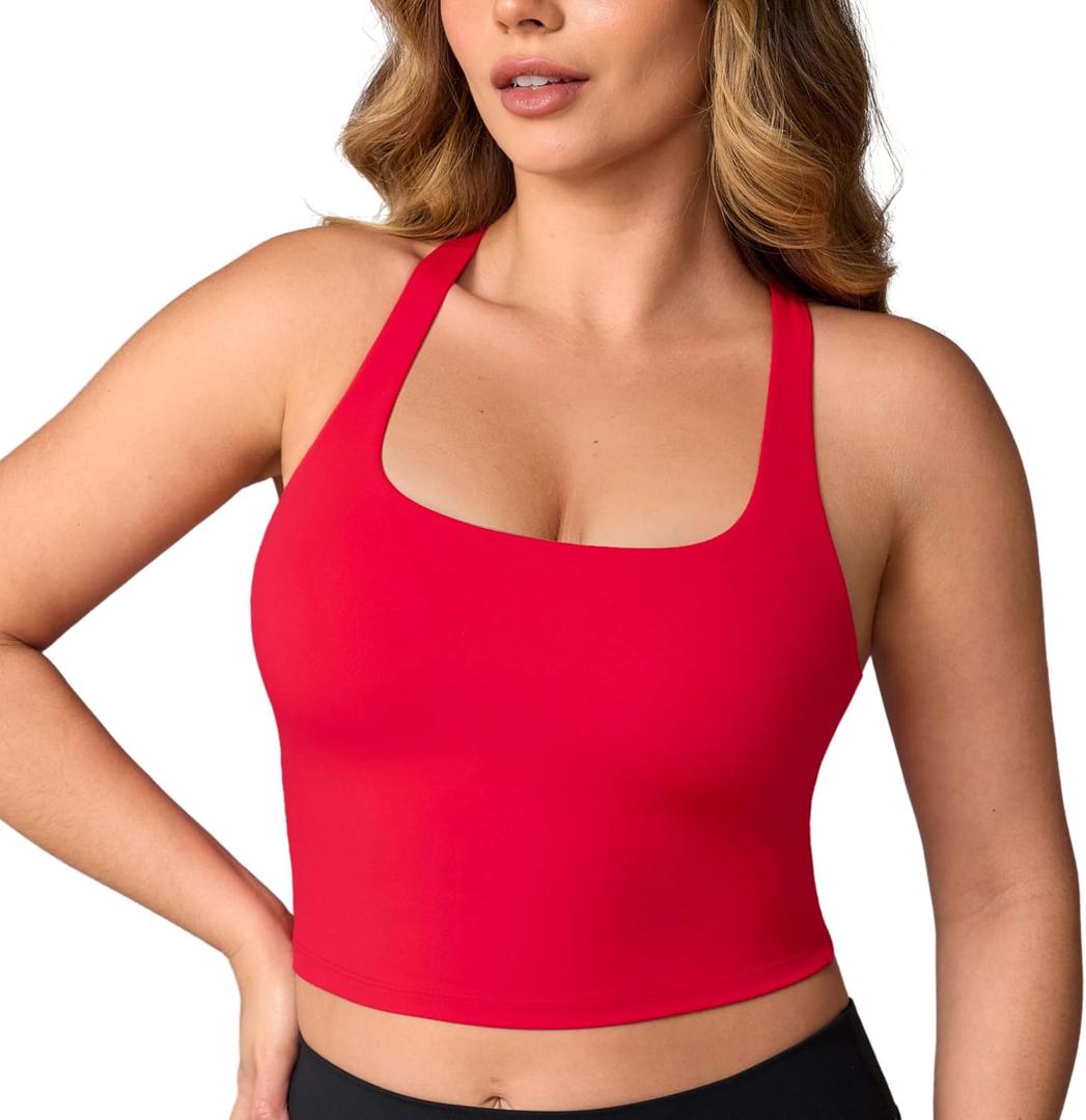 UNISSU Hugcurve Adjustable Racerback Longline Sports Bras Square Neck Padded Yoga Workout Crop Tank Tops for Women, XS