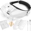 Headband Magnifying Glass with Light, Rechargeable Head Magnifying Glasses 1X to 14X, Magnifier Headset with 6 Detachable Lens, Hands Free Head Mount Magnifier for Close Work Jewelry Crafts, White