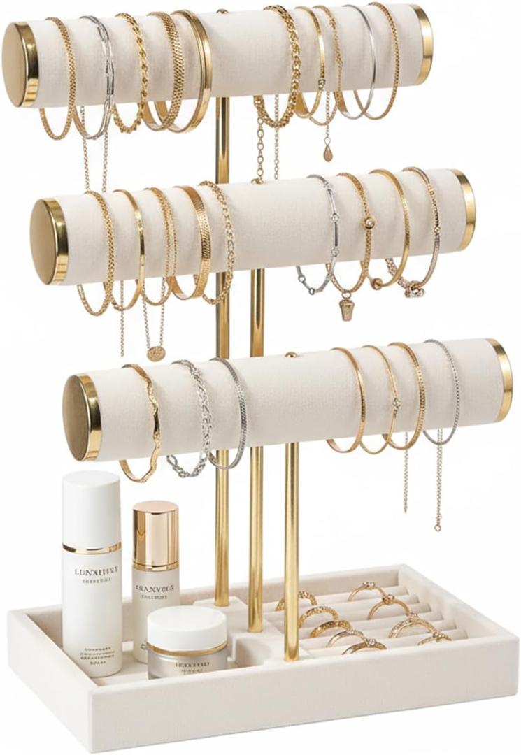 Pangkeep 3 Tier Bracelet Necklace Holder,Jewelry Displays for Vendors,T Bar Velvet Jewelry Stand with Tray,Jewerly Organizer for Bangles Necklace Scrunchie Watches Rings (Beige)