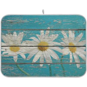 Daisy On Old Wooden Board Dish Drying Mat for Kitchen Counter Turquoise Wood Drying Mat 18 x 24 Inch with High Absorbent Reversible Microfiber Dish Drying Pad Drainer Mat for Coffee Bar