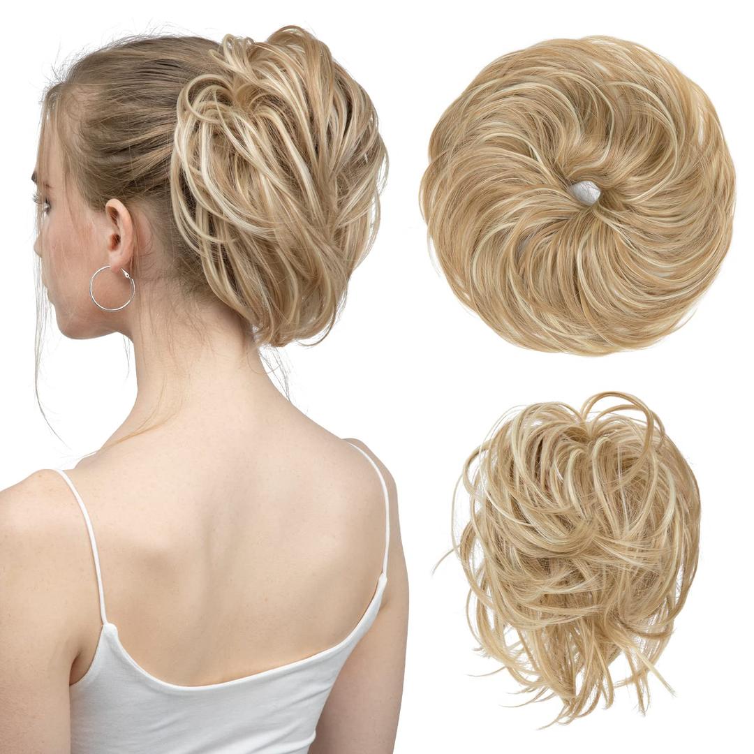 SARLA Messy Hair Bun Hair Pieces Curly Synthetic Updo Fake Scrunchies Ponytail Extension for Women Dirty Blonde, 1PCS