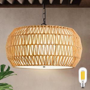 Rattan Farmhouse Chandelier for Dining Room, 19.7 Inch 5-Lights(Bulbs Included) Boho Chandelier for Bedroom Living Room Foyer Entryway, Rustic Dining Room Light Fixtures Over Table (Round-Curved Edge)