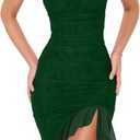 BORIFLORS Women's Sexy Ruched Bodycon Midi Dresses Square Neck Sleeveless Ruffle Hem Club Party Tank Dress, Small, Dark Green