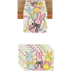 Artoid Mode Floral Bow Bunny Rabbits Eggs Easter Place Mats 12x18 Inch Set of 4 and Table Runner 13x72 Inch