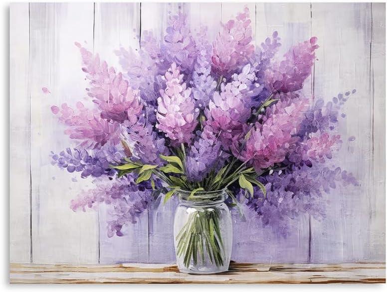 Rustic Lavender Wall Art Country Floral Canvas Prints Botanical Wall Art Watercolor Flower Bathroom Wall Decor Painting Purple Canvas Wall Art Modern Artwork for Bedroom Framed 16" x 24"