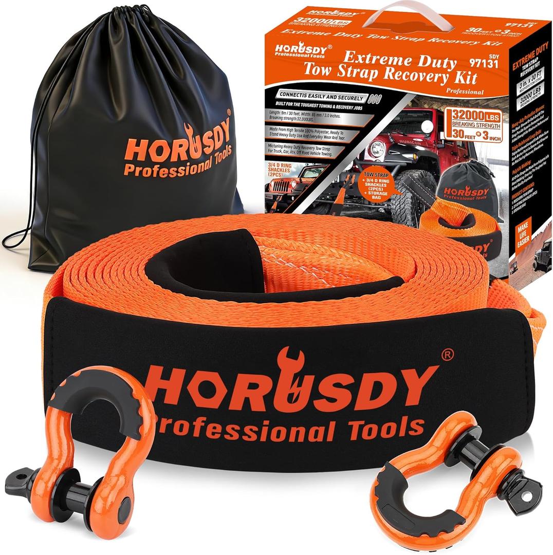 HORUSDY Nylon Heavy Duty Tow Strap Recovery Strap with Hooks 3" x 30Ft - 32,000 LBS Break Strength, 3/4 D Ring Shackles (2pcs), Recover Your Vehicle Stuck in Mud/Snow